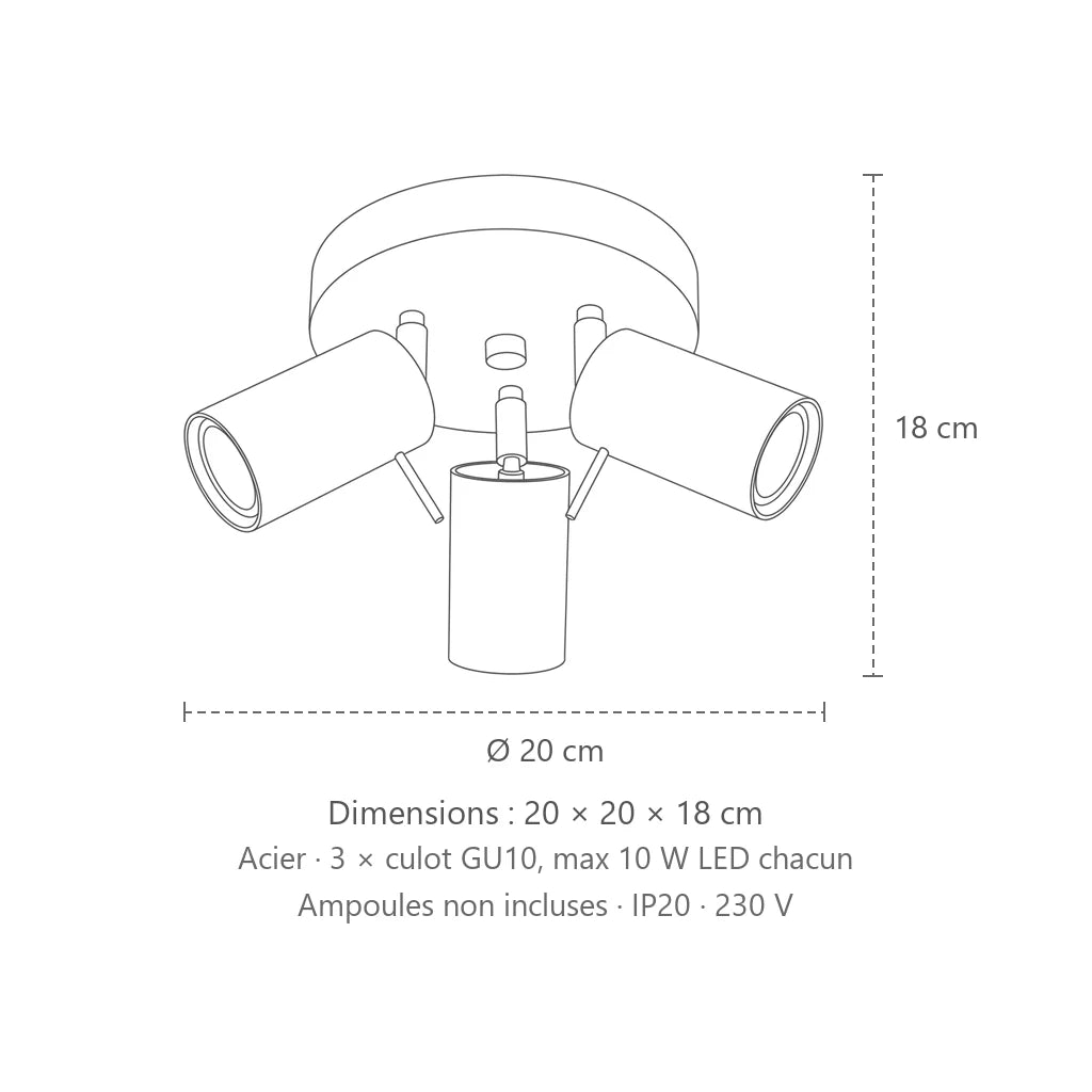 Dimensions : plafonnier 3 spots orientables sur platine ronde, 20 × 20 × 18 cm