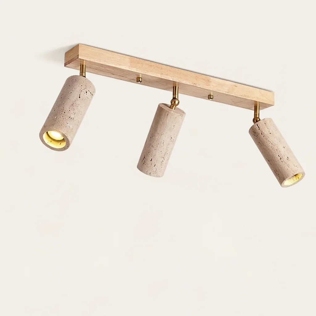 Plafonnier 3 spots cylindres en travertin sur rail en bois naturel
