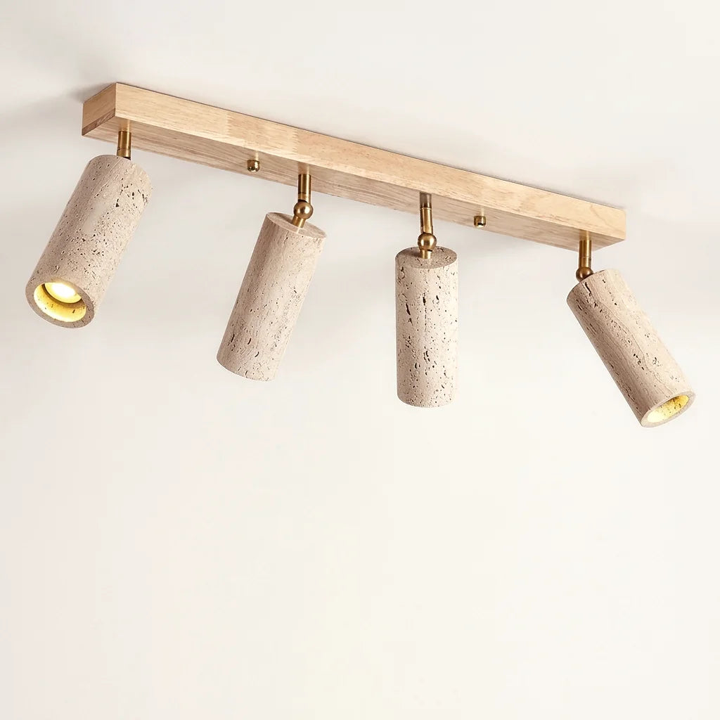 Plafonnier 4 spots en travertin sur rail en bois naturel