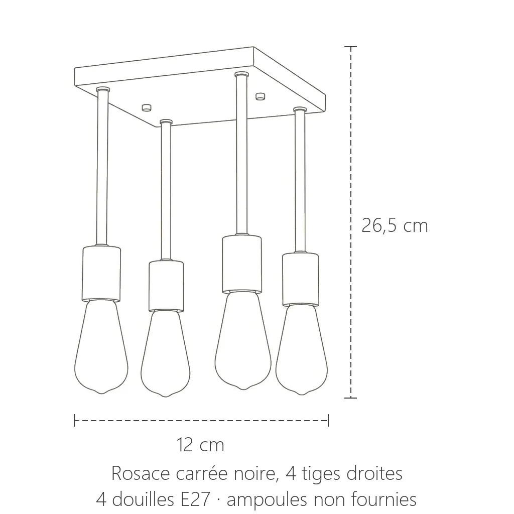 Dimensions du plafonnier 4 tiges à rosace carrée : 12 cm, hauteur 26,5 cm