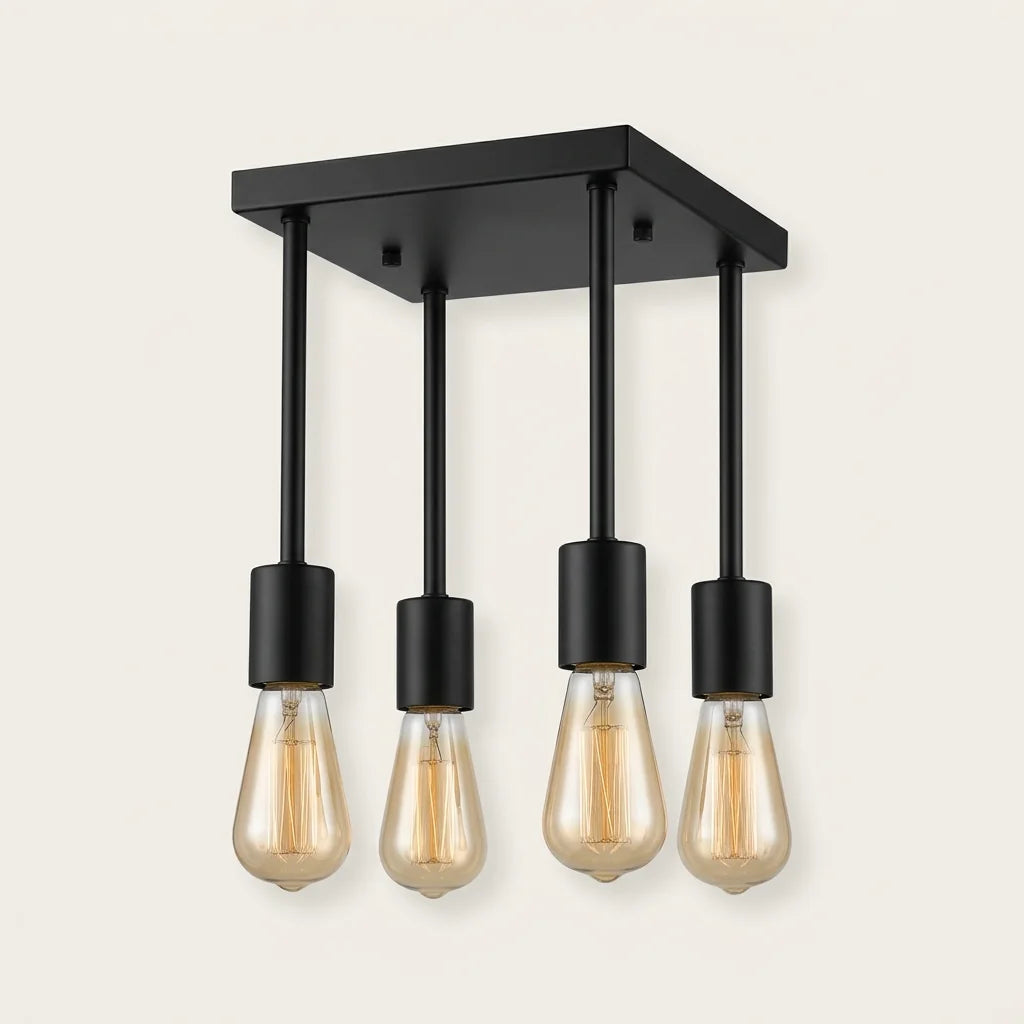Plafonnier noir à 4 tiges et ampoules à filament