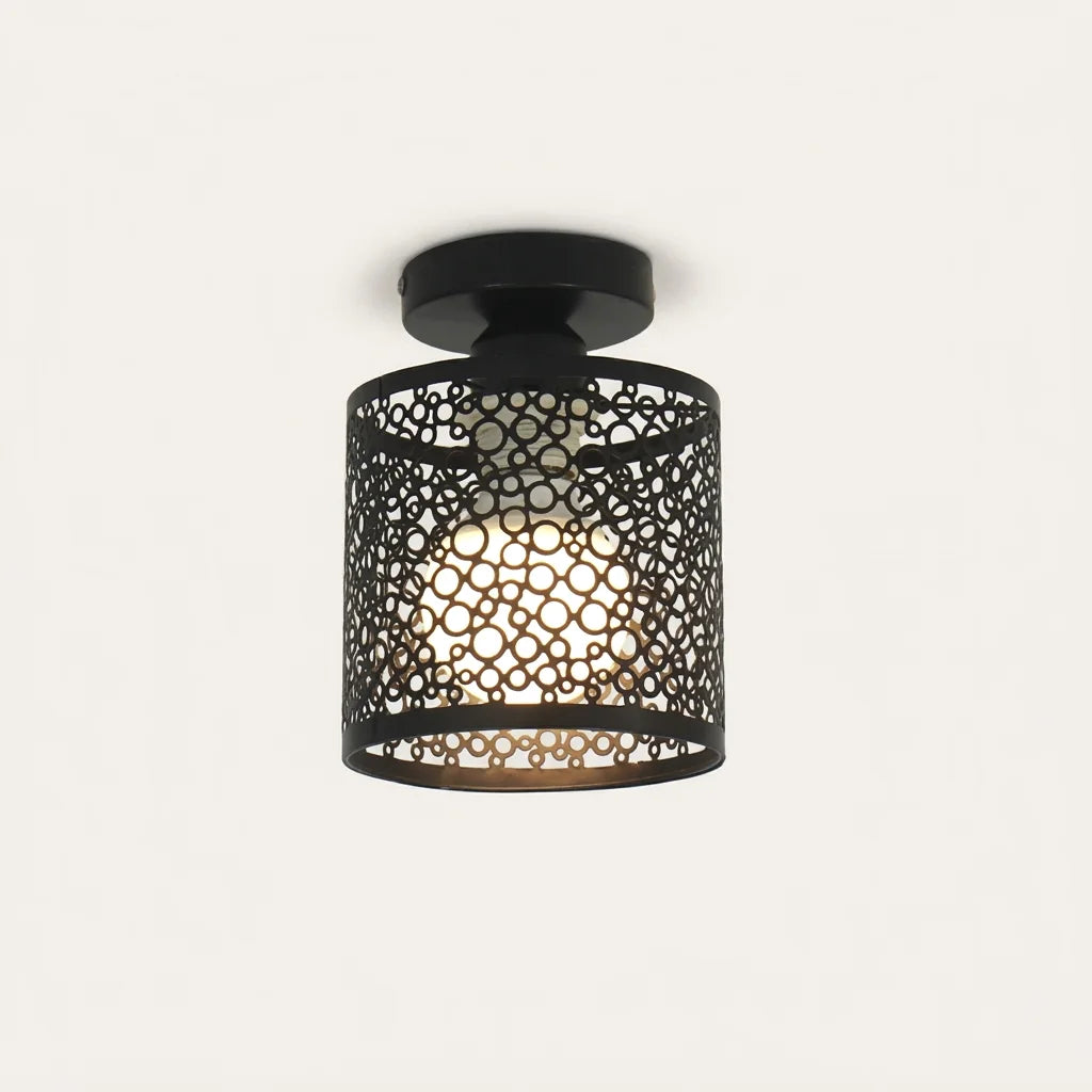 Plafonnier ajouré motif bulles noir avec globe opalin, modèle B