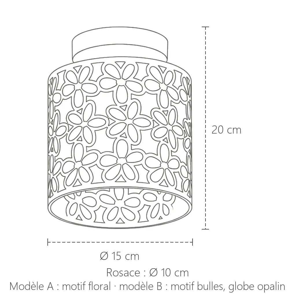 Dimensions du plafonnier ajouré : Ø 15 cm, hauteur 20 cm