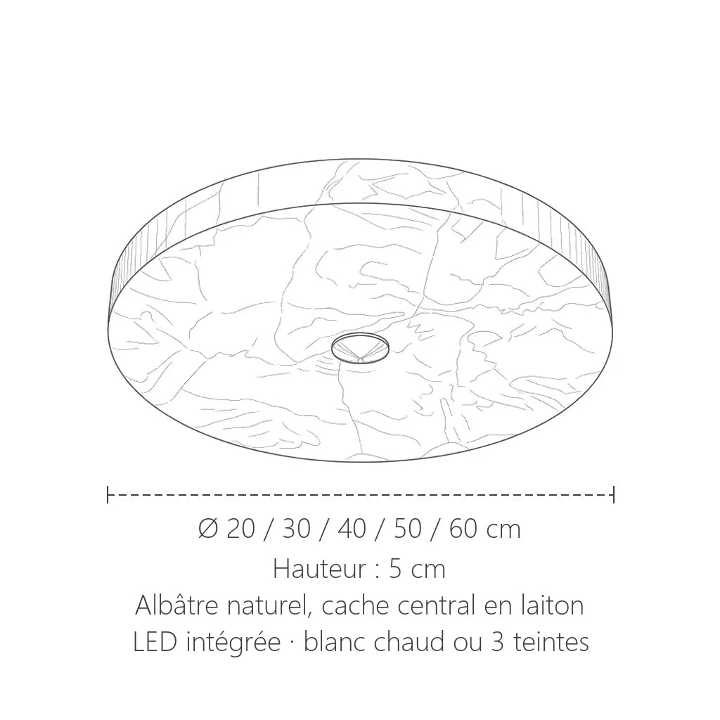 Dimensions du plafonnier rond en albâtre : Ø 20 à 60 cm, hauteur 5 cm