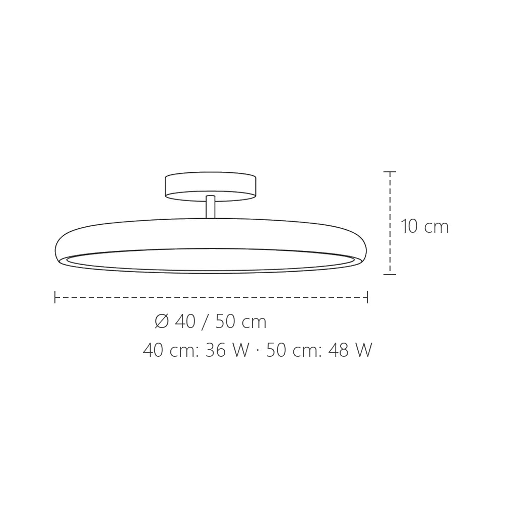 Dimensions du plafonnier LED art déco : Ø 40 ou 50 cm, 10 cm de haut