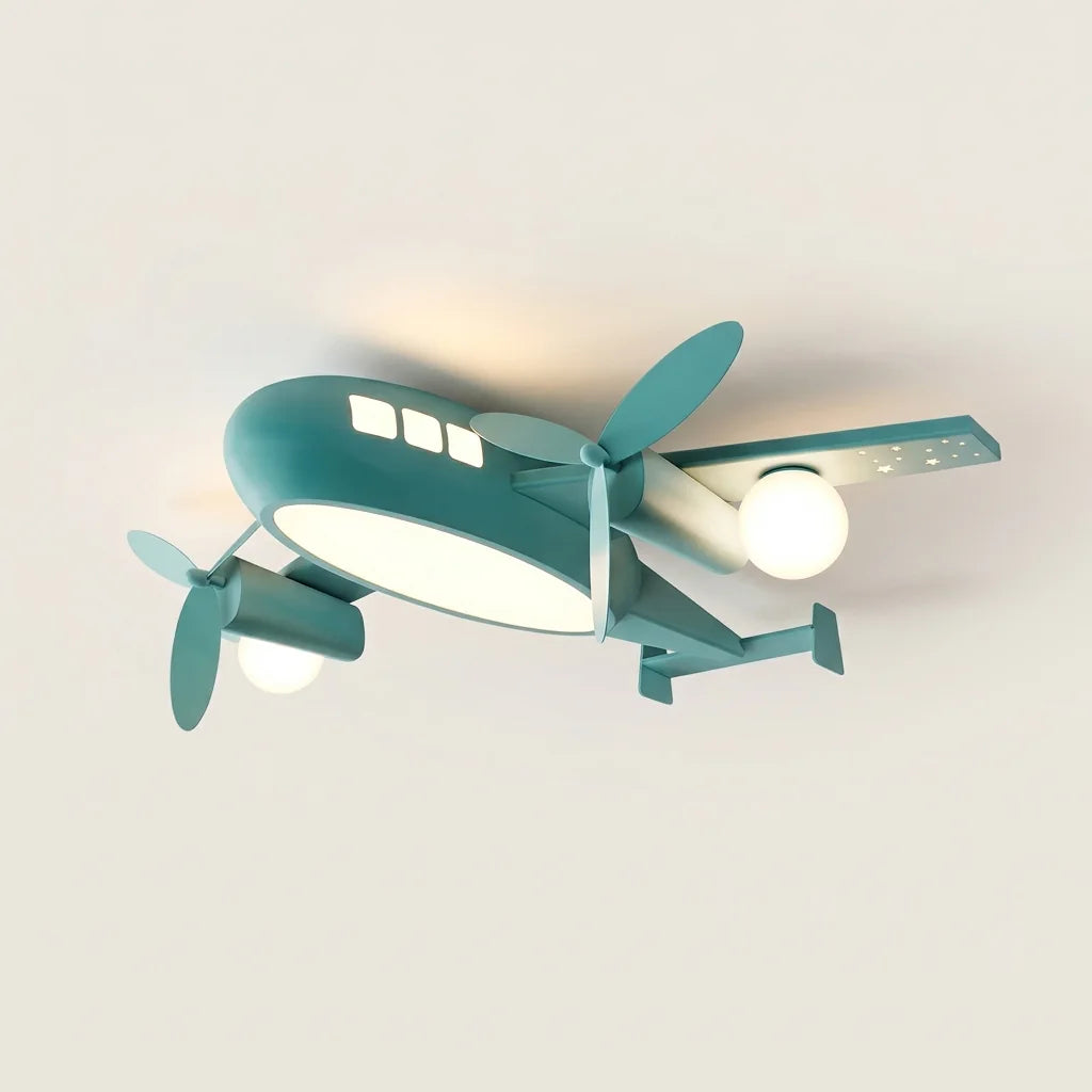 Plafonnier avion bleu pour chambre d’enfant, allumé