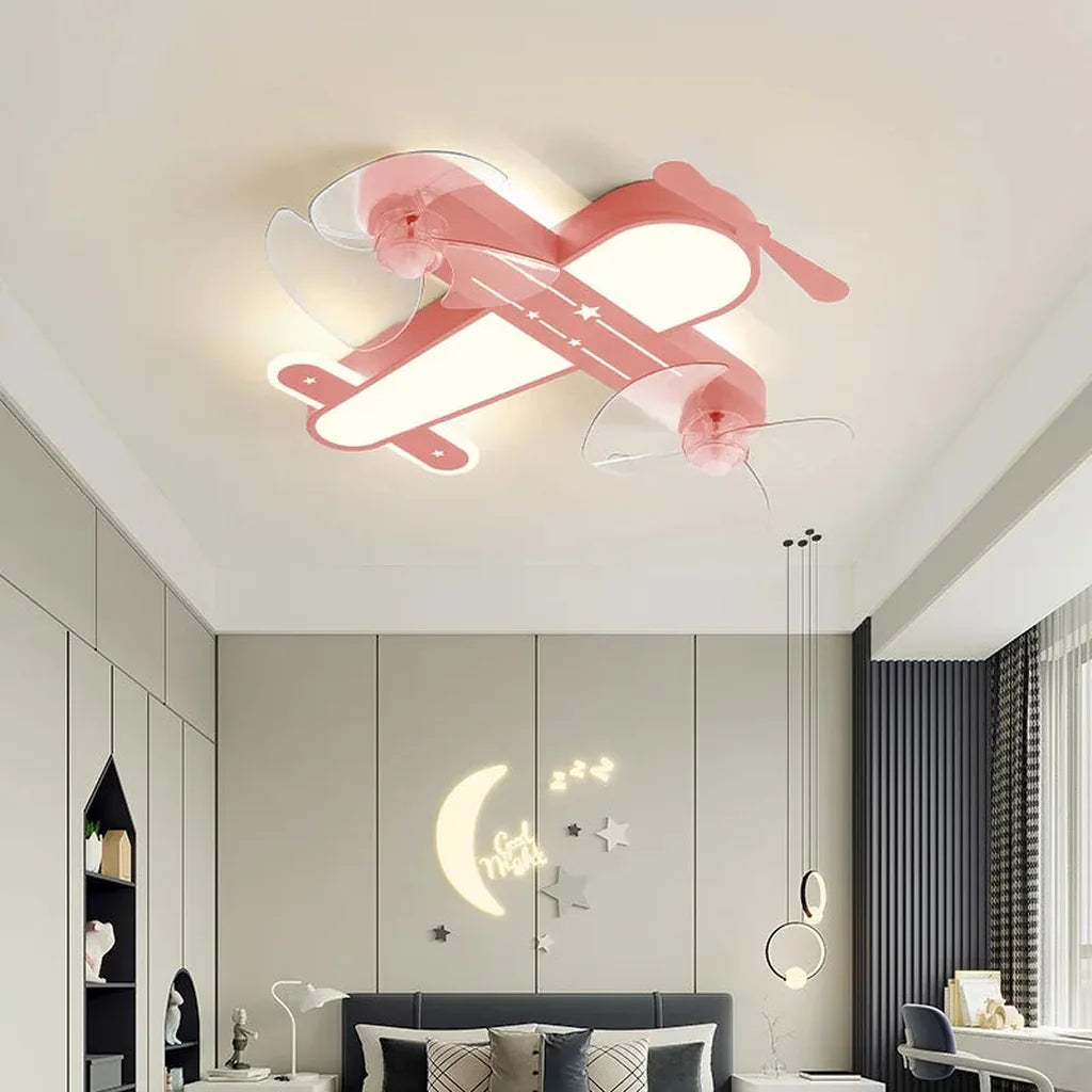 Plafonnier avion rose à ventilateurs