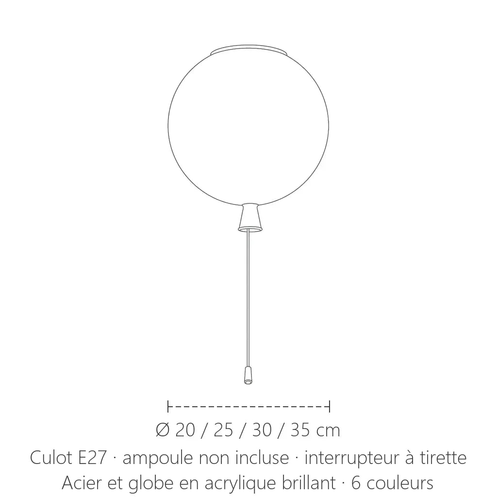 Dimensions du plafonnier ballon pour chambre d’enfant : Ø 20, 25, 30 ou 35 cm
