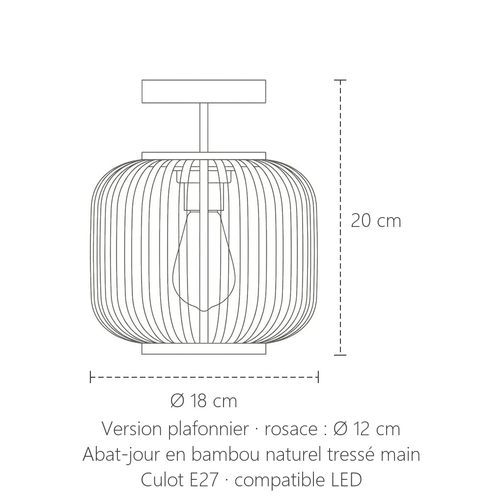 Dimensions du plafonnier en bambou tressé : Ø 18 cm, 20 cm de haut