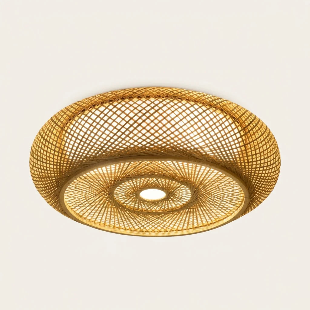 Plafonnier en bambou tressé à motif spirale, lumière chaude