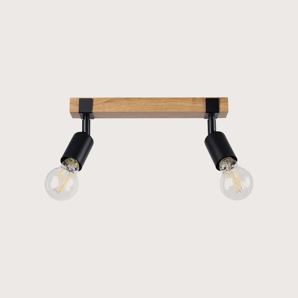 Plafonnier barre en bois et douilles noires (2 lumières)