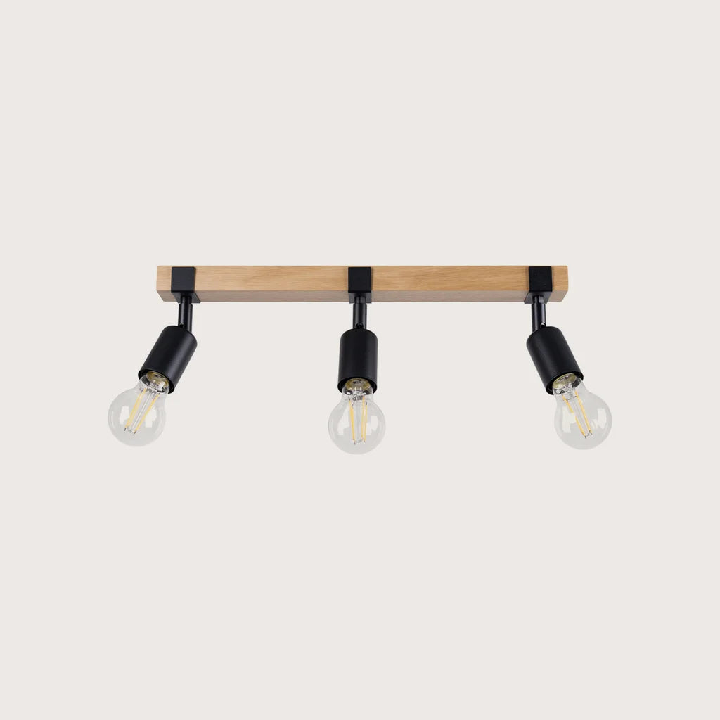 Plafonnier barre en bois et douilles noires (3 lumières)
