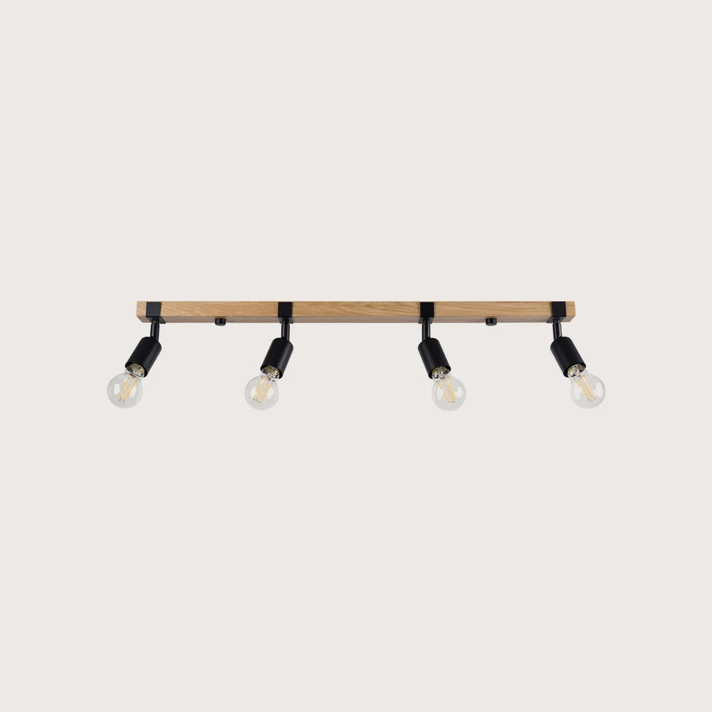 Plafonnier barre en bois et douilles noires (4 lumières)