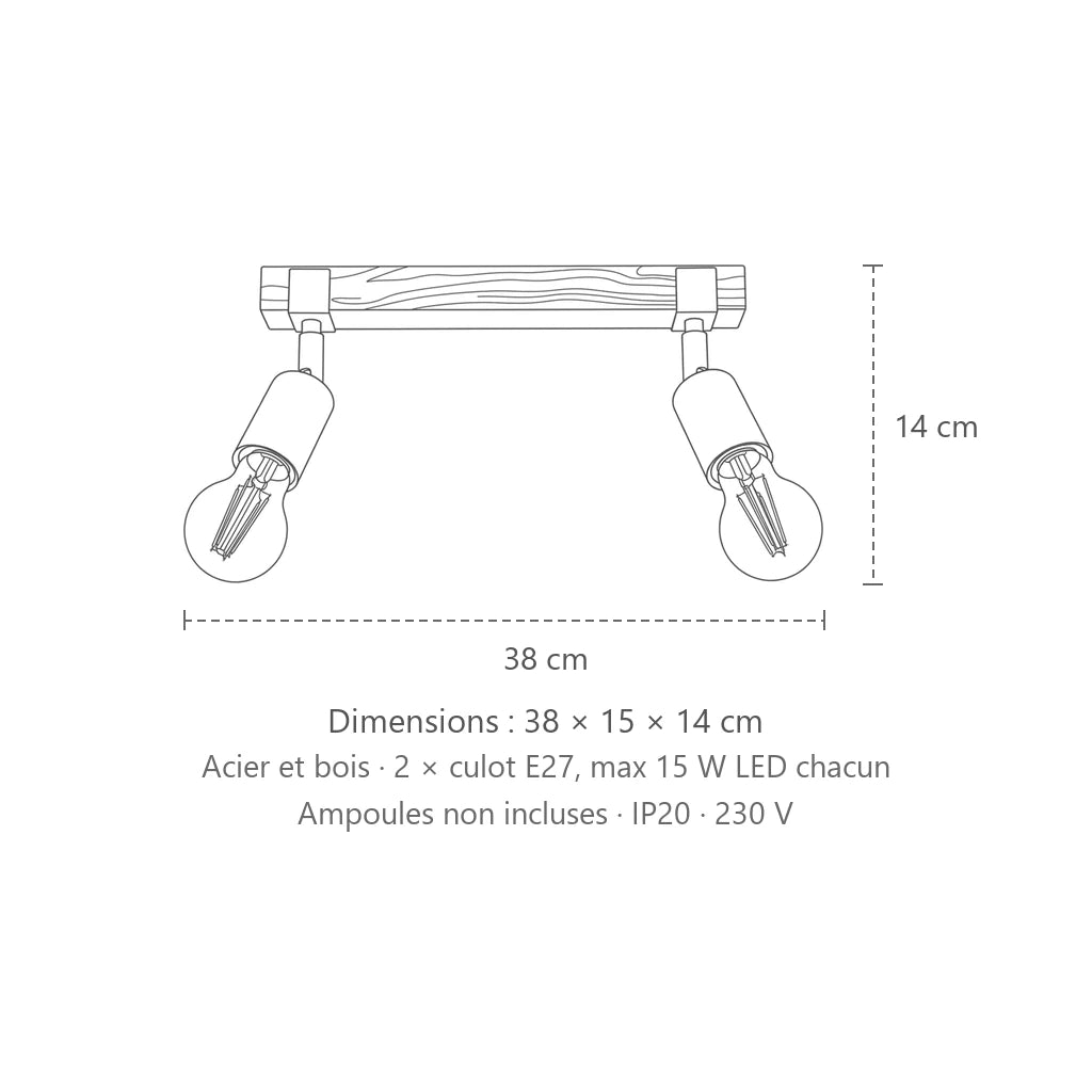 Dimensions : plafonnier barre en bois et douilles noires (2 lumières), 38 × 15 × 14 cm