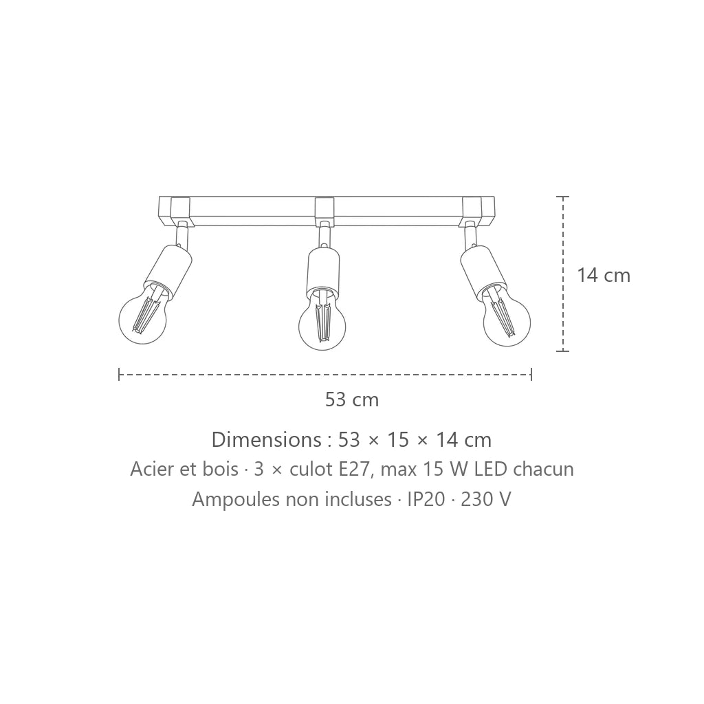 Dimensions : plafonnier barre en bois et douilles noires (3 lumières), 53 × 15 × 14 cm