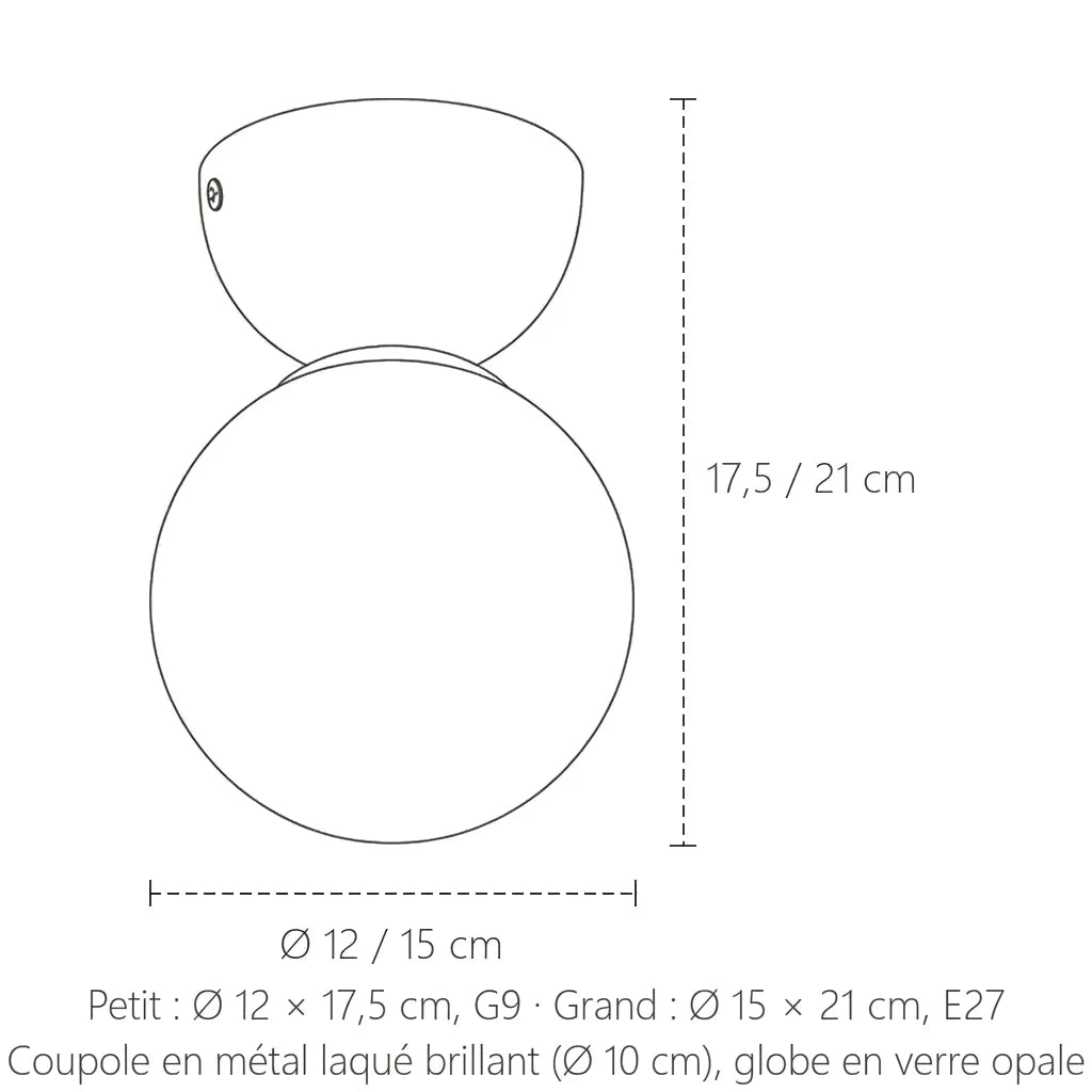 Dimensions du plafonnier Bauhaus globe : Ø 12 ou 15 cm, 17,5 ou 21 cm de haut