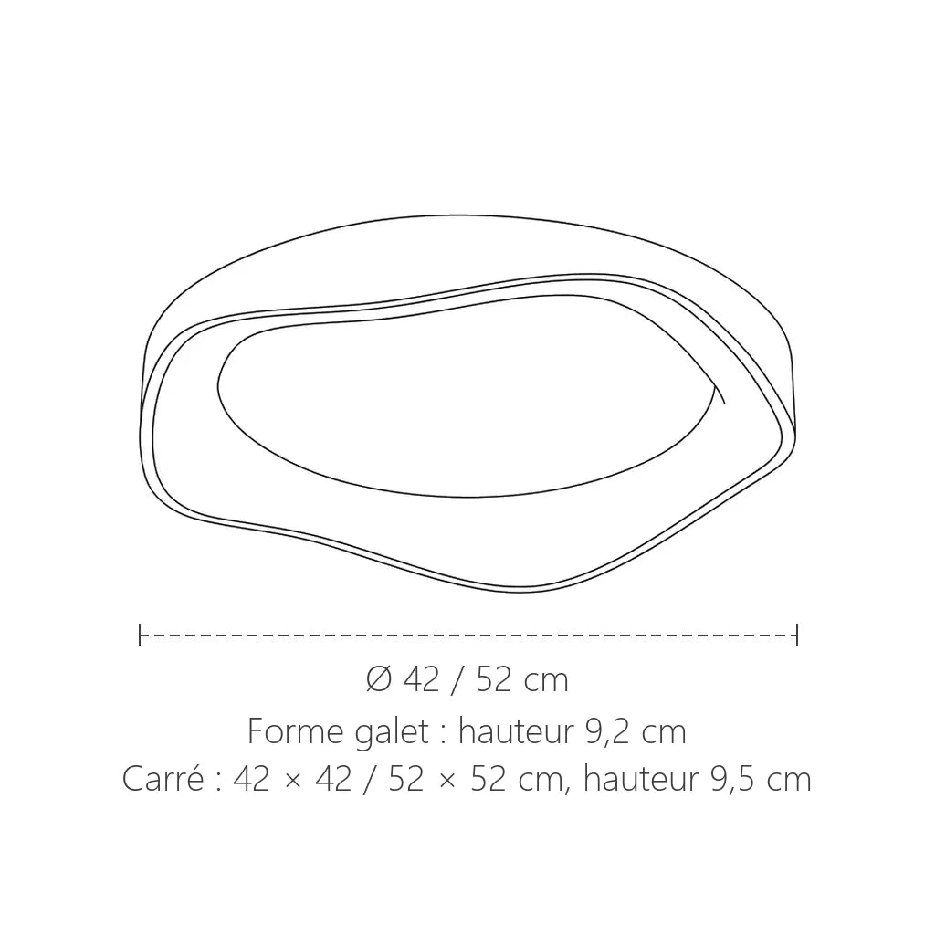 Dimensions du plafonnier en bois forme galet ou carré : Ø 42 ou 52 cm
