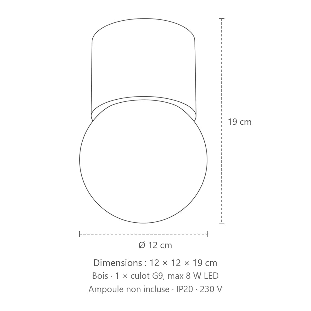 Dimensions : plafonnier bois naturel et globe opalin, 12 × 12 × 19 cm