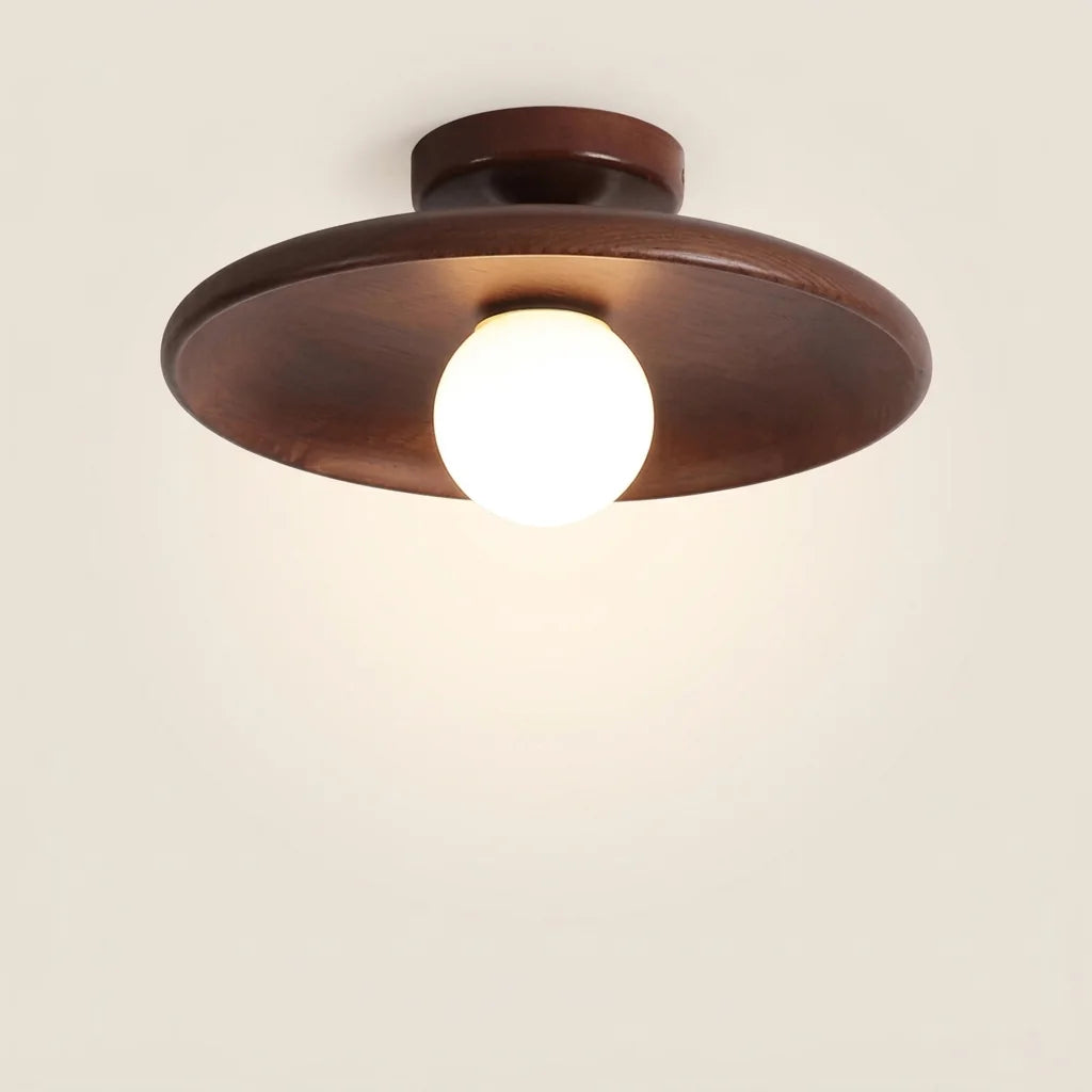 Plafonnier rond en bois finition noyer avec globe opalin