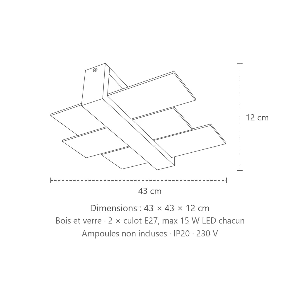 Dimensions : plafonnier bois et verre dépoli, 43 × 43 × 12 cm