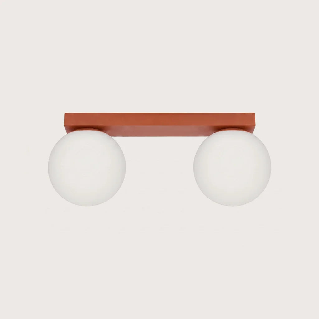 Plafonnier boules en verre opalin, coloris ocre rouge (2 lumières)