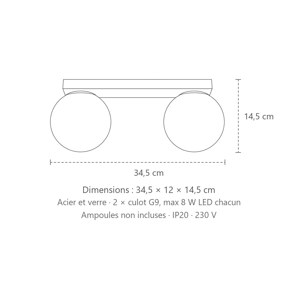 Dimensions : plafonnier boules en verre opalin (2 lumières), 34,5 × 12 × 14,5 cm