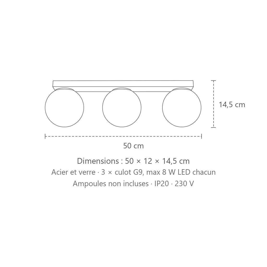 Dimensions : plafonnier boules en verre opalin (3 lumières), 50 × 12 × 14,5 cm