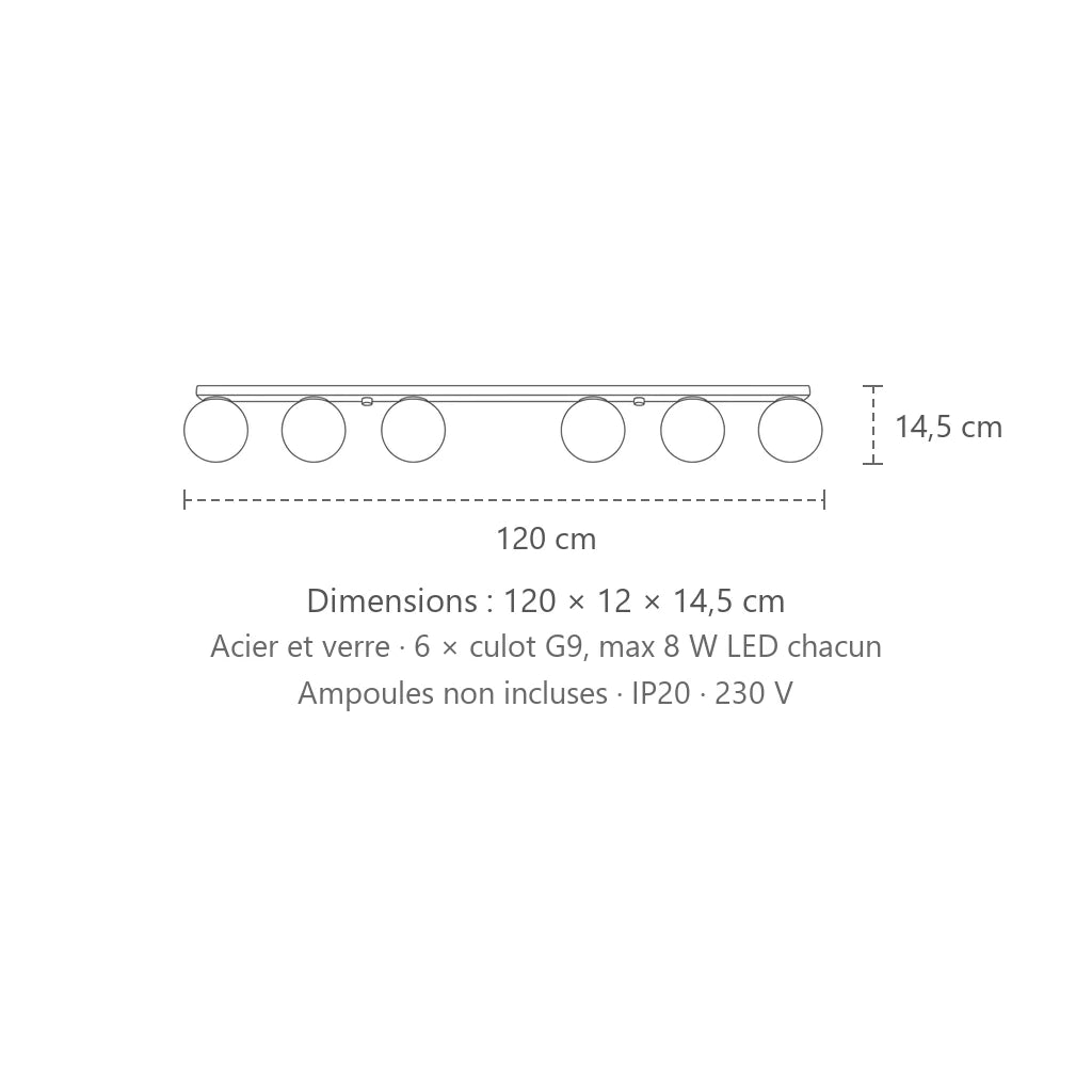 Dimensions : plafonnier boules en verre opalin (6 lumières), 120 × 12 × 14,5 cm