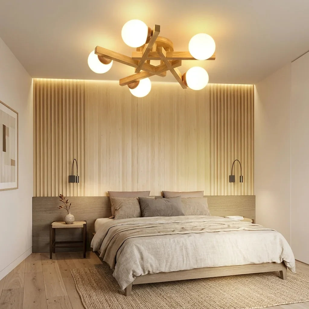Plafonnier en bois naturel dans une chambre à tasseaux