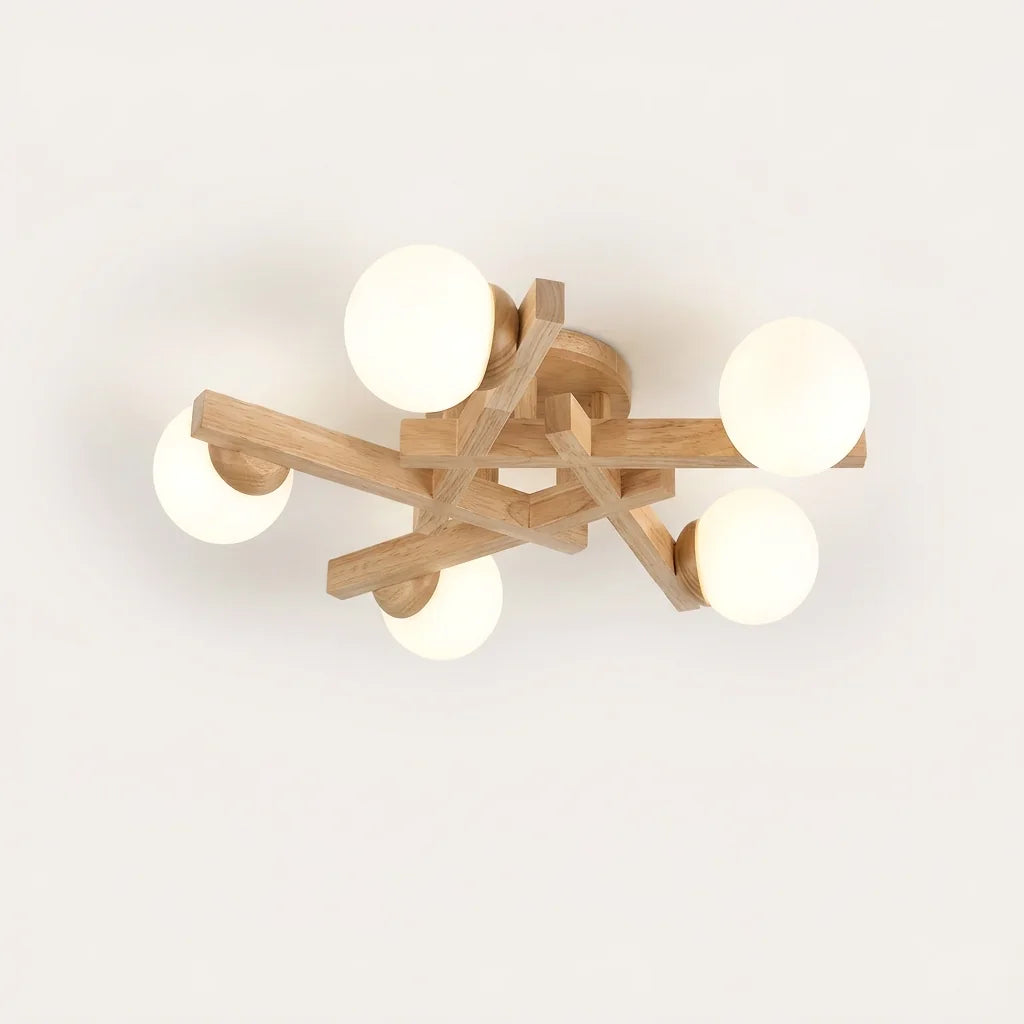 Plafonnier branches en bois naturel avec 5 globes opalins