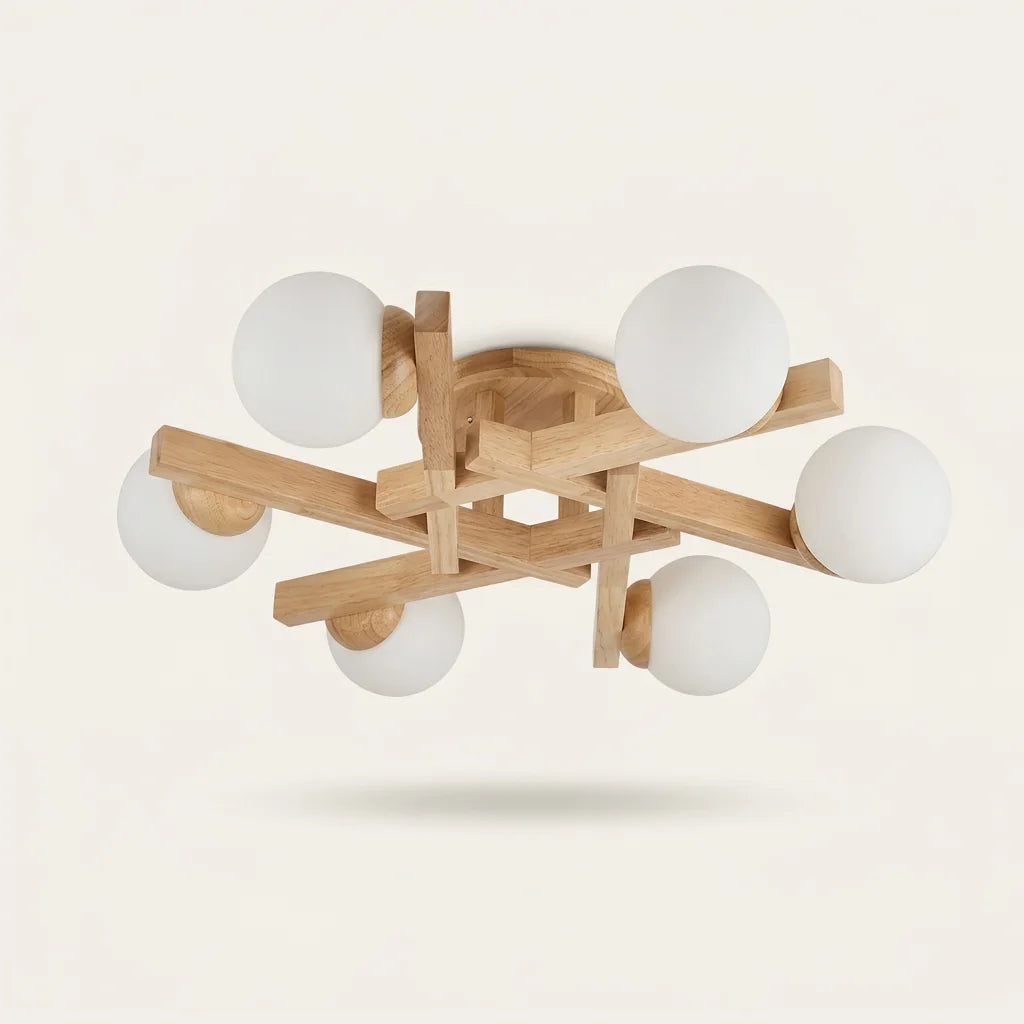Plafonnier branches en bois naturel avec 6 globes opalins
