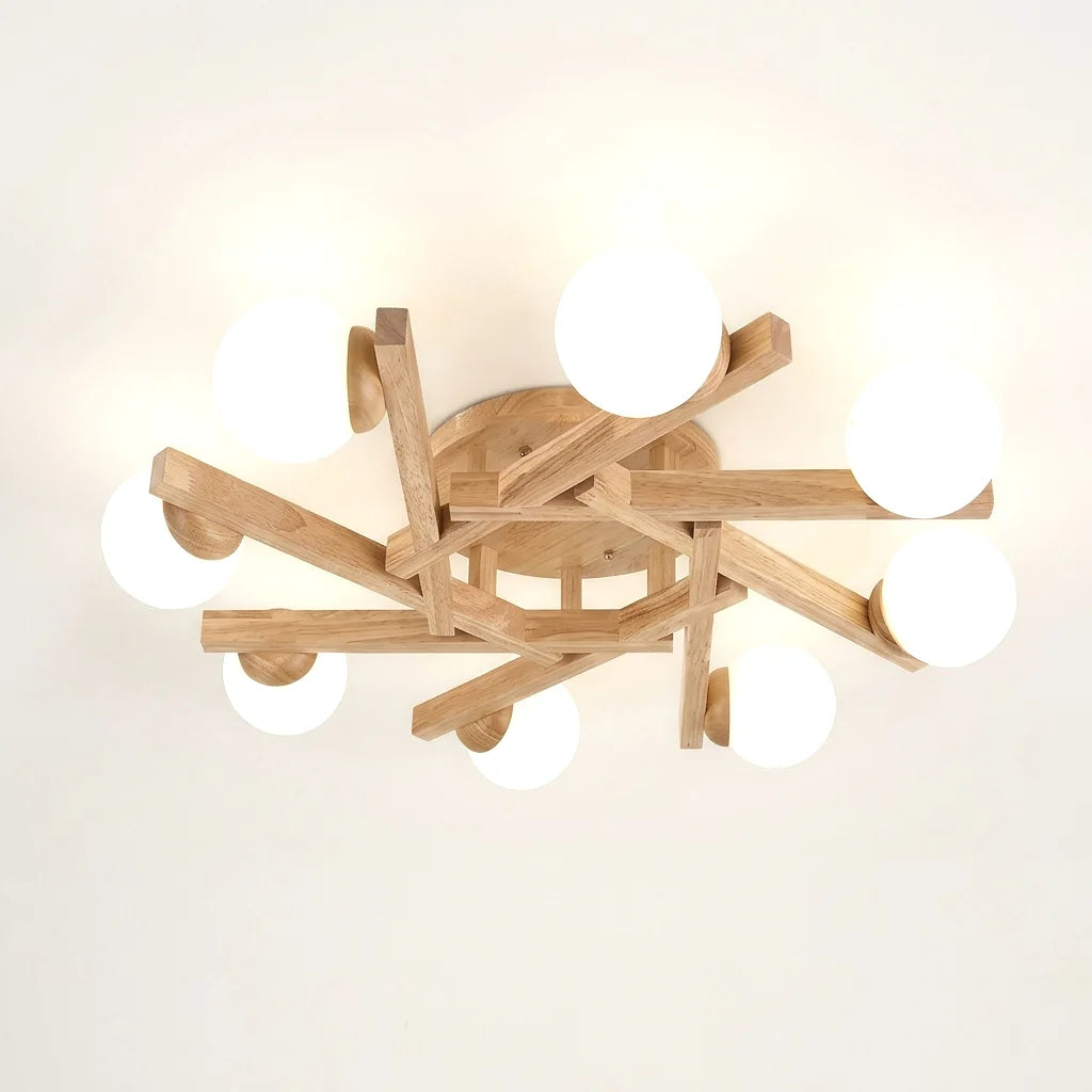 Plafonnier branches en bois naturel avec 8 globes opalins