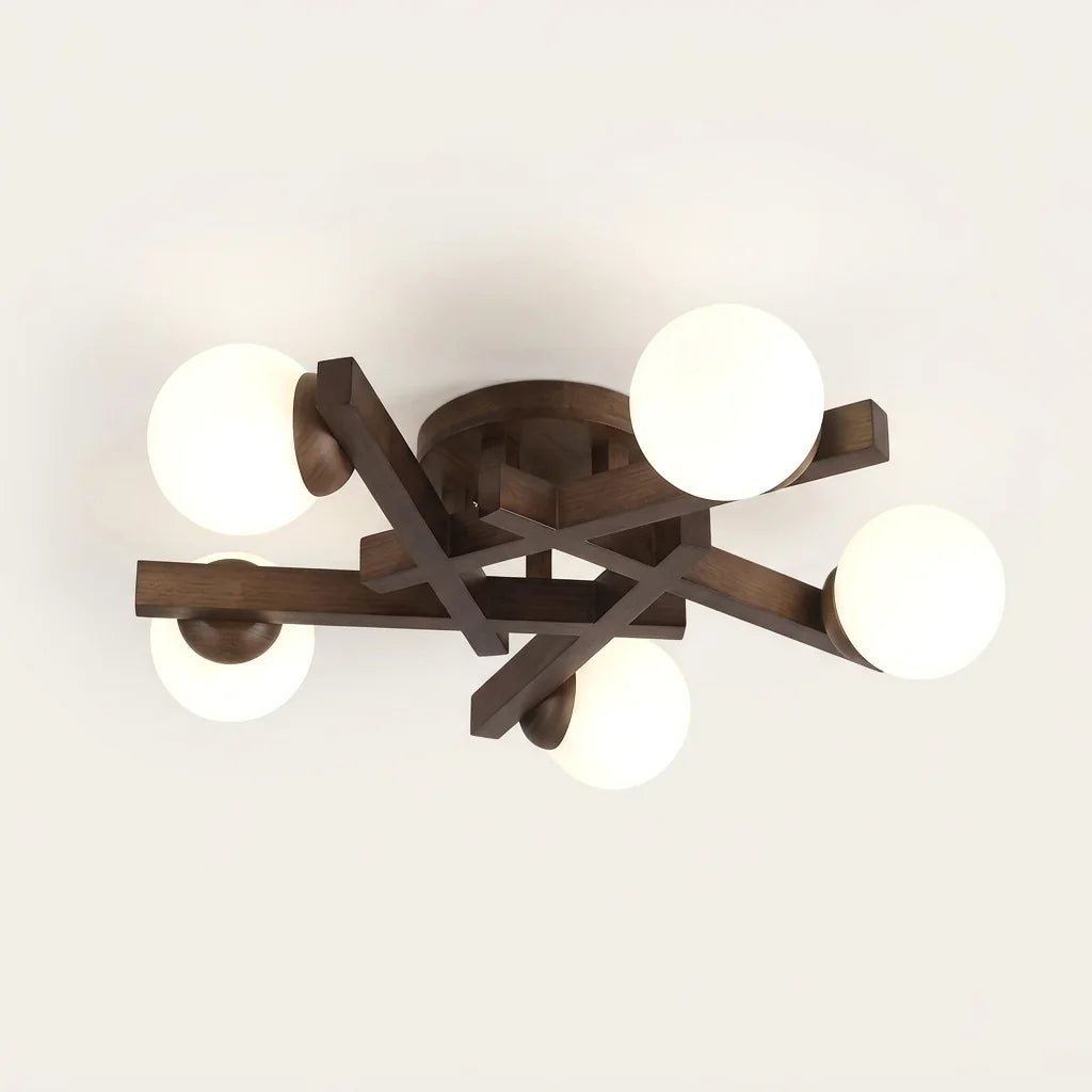 Plafonnier branches en noyer avec 5 globes opalins