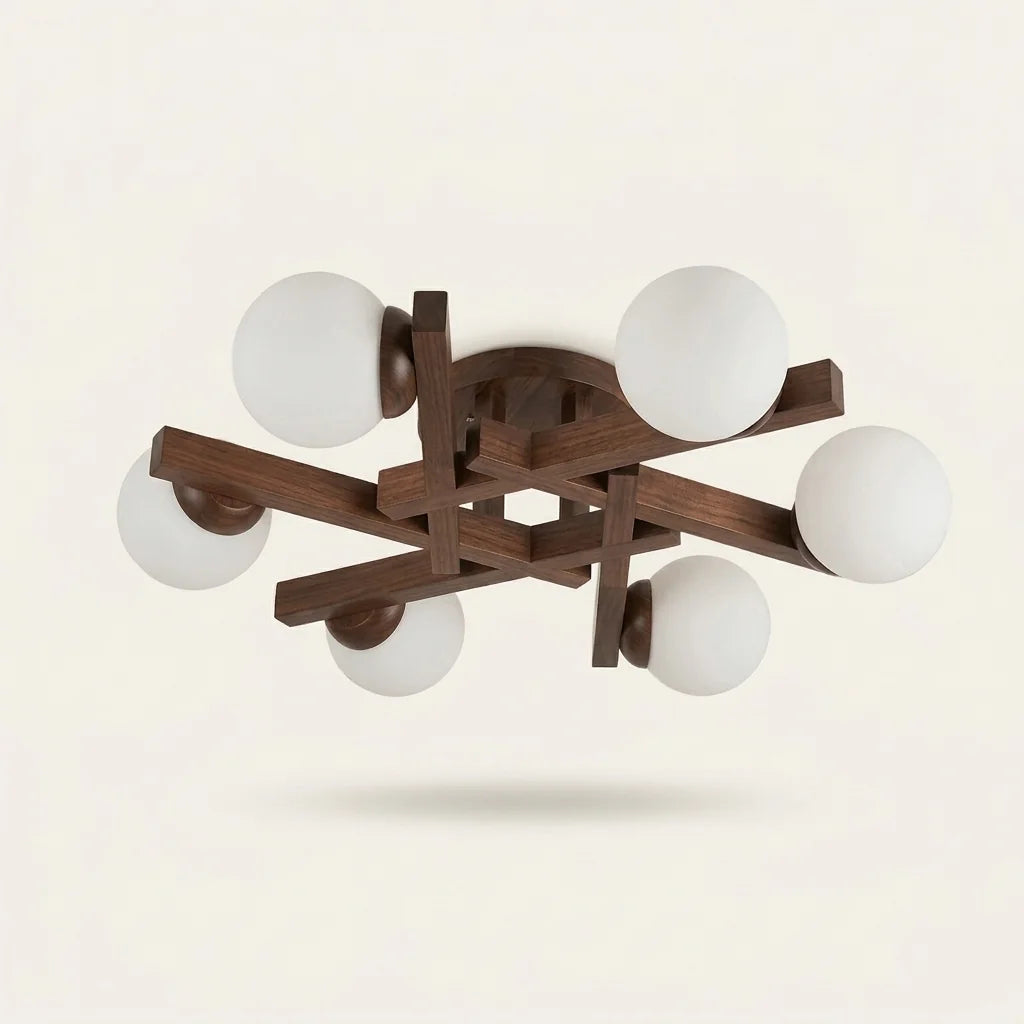 Plafonnier branches en noyer avec 6 globes opalins