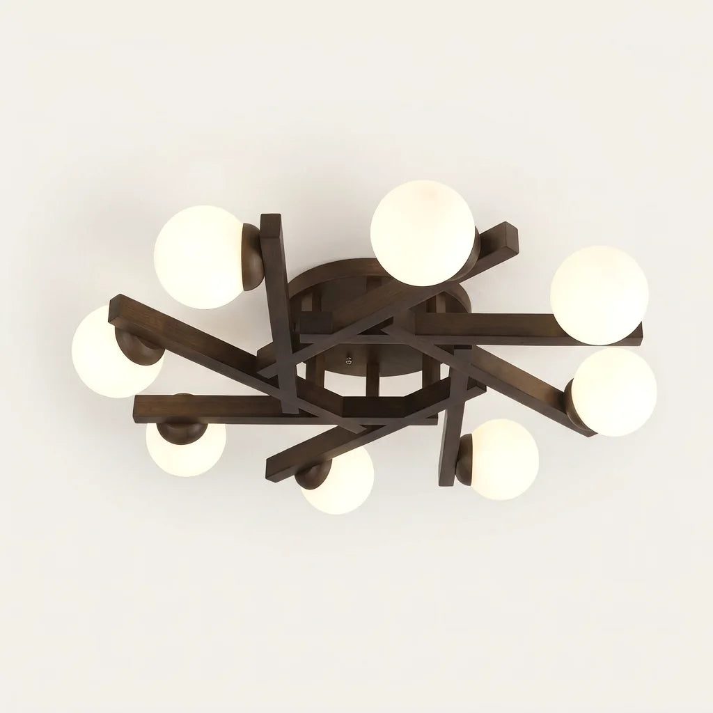 Plafonnier branches en noyer avec 8 globes opalins