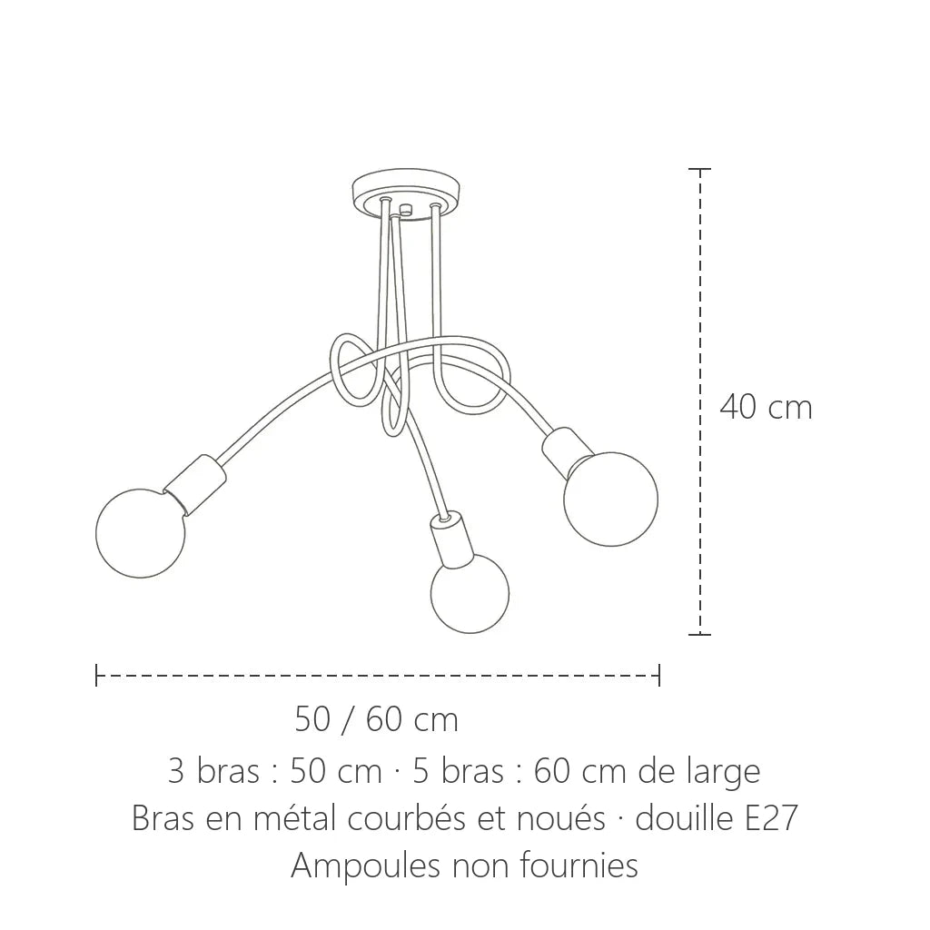 Dimensions du plafonnier à bras noués : 50 ou 60 cm, hauteur 40 cm