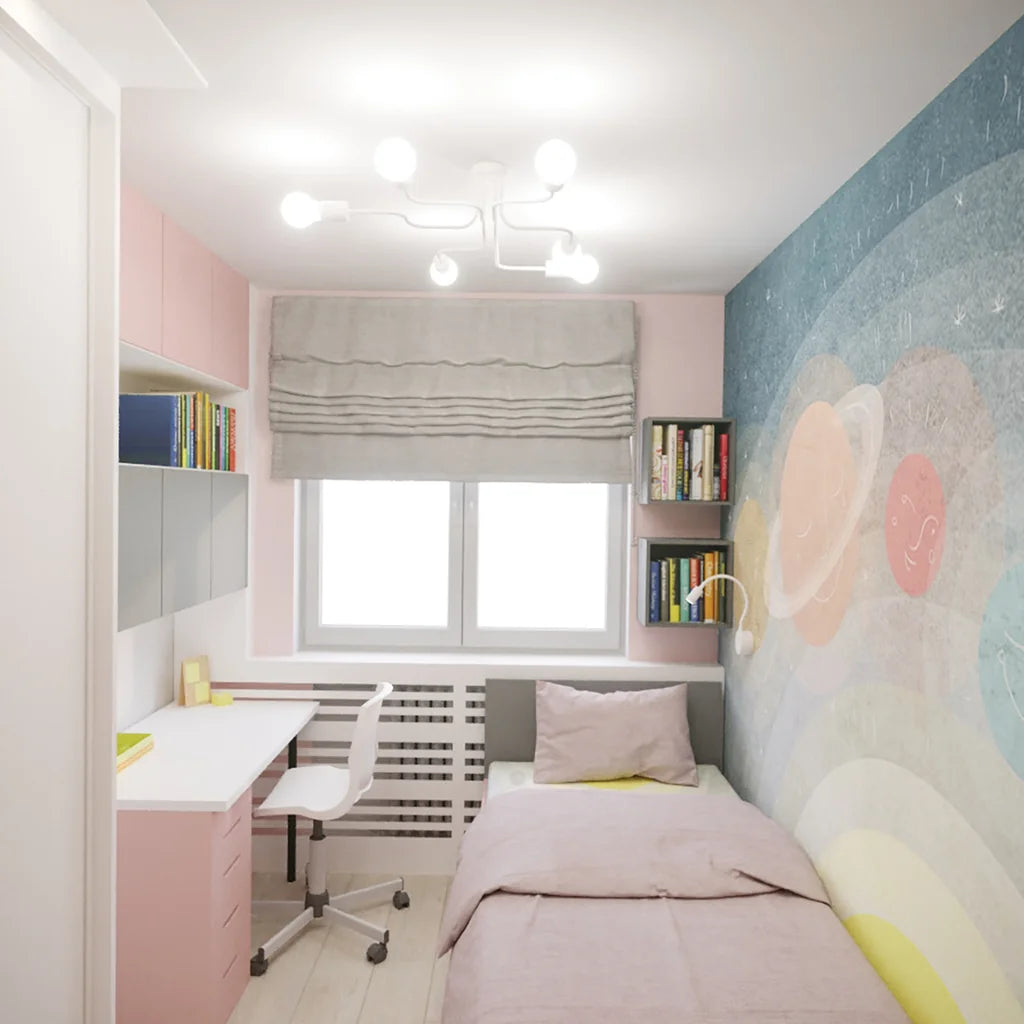 Plafonnier bras tubulaires coudés dans une chambre d’enfant