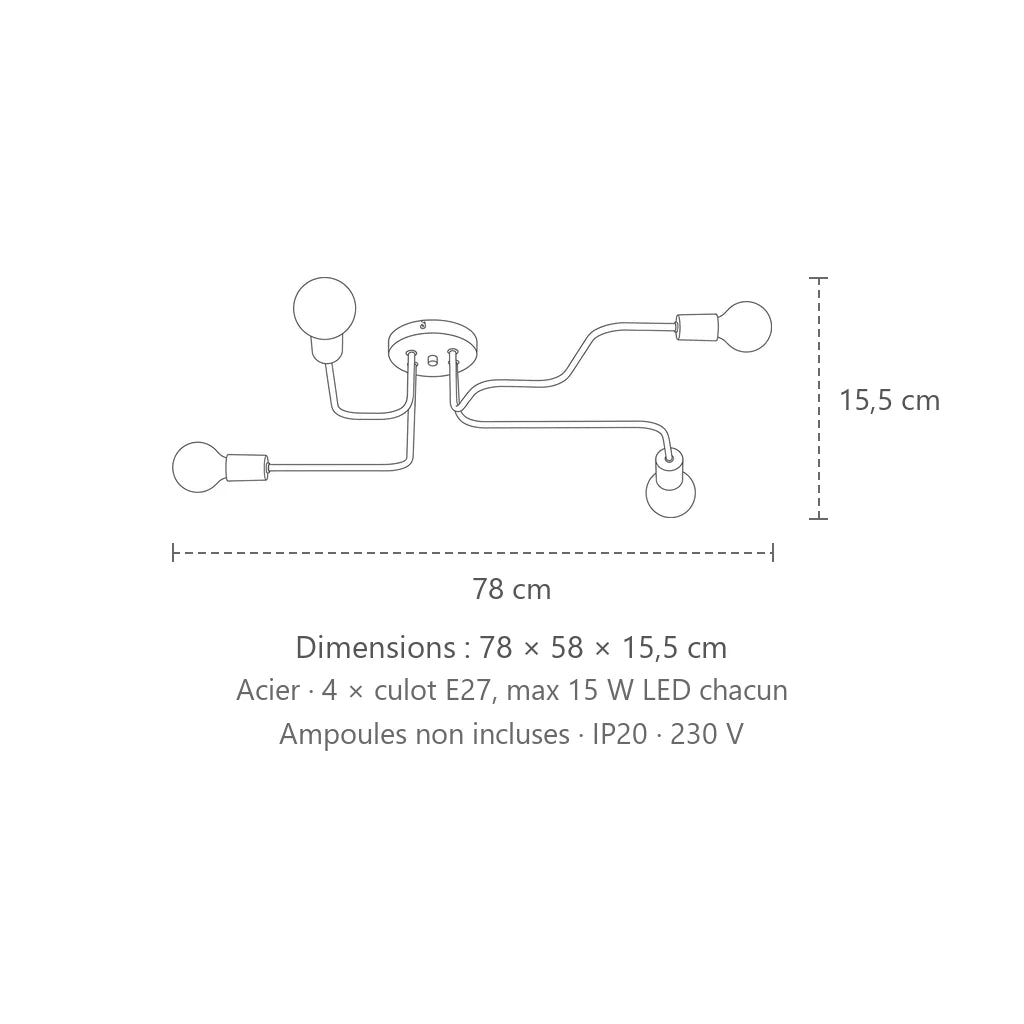 Dimensions : plafonnier bras tubulaires coudés (4 lumières), 78 × 58 × 15,5 cm