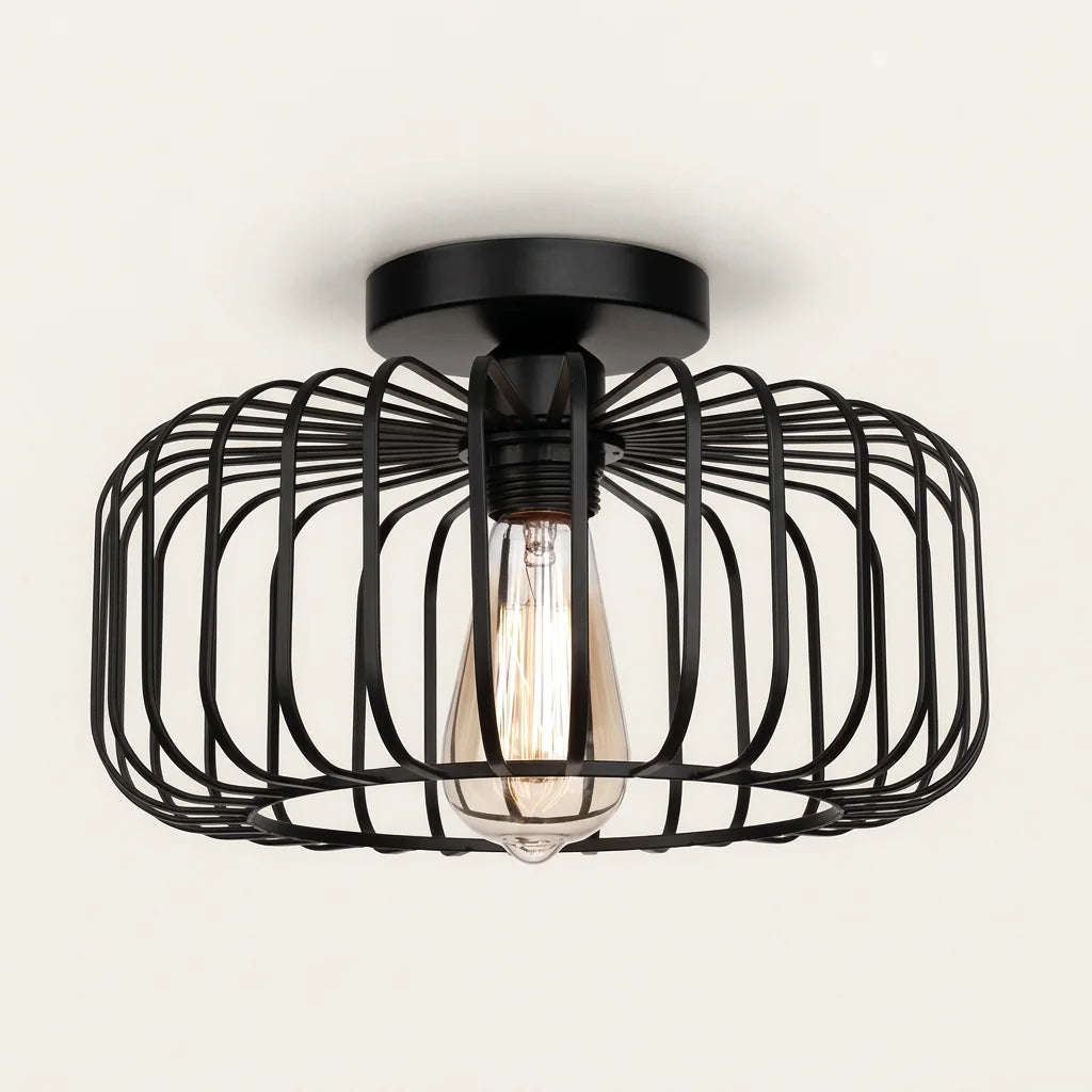 Plafonnier cage en fil de métal noir avec ampoule à filament