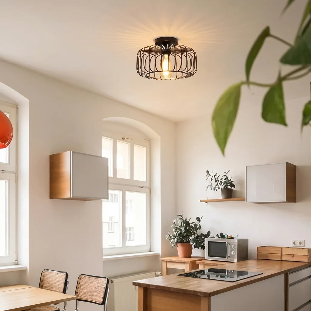 Plafonnier cage dans une cuisine ouverte lumineuse