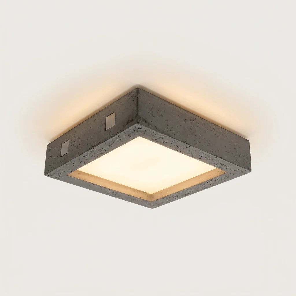 Plafonnier carré béton et verre blanc allumé