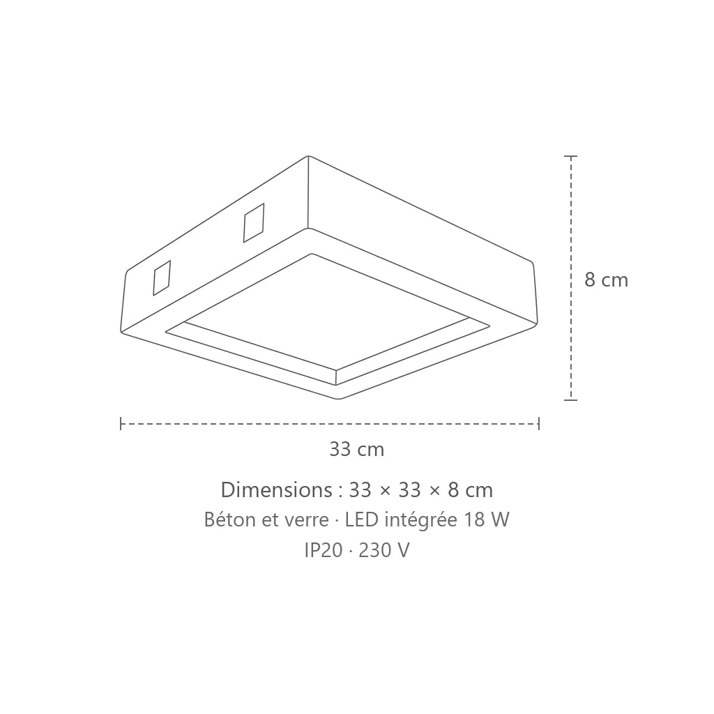 Dimensions : plafonnier carré béton et verre blanc, 33 × 33 × 8 cm