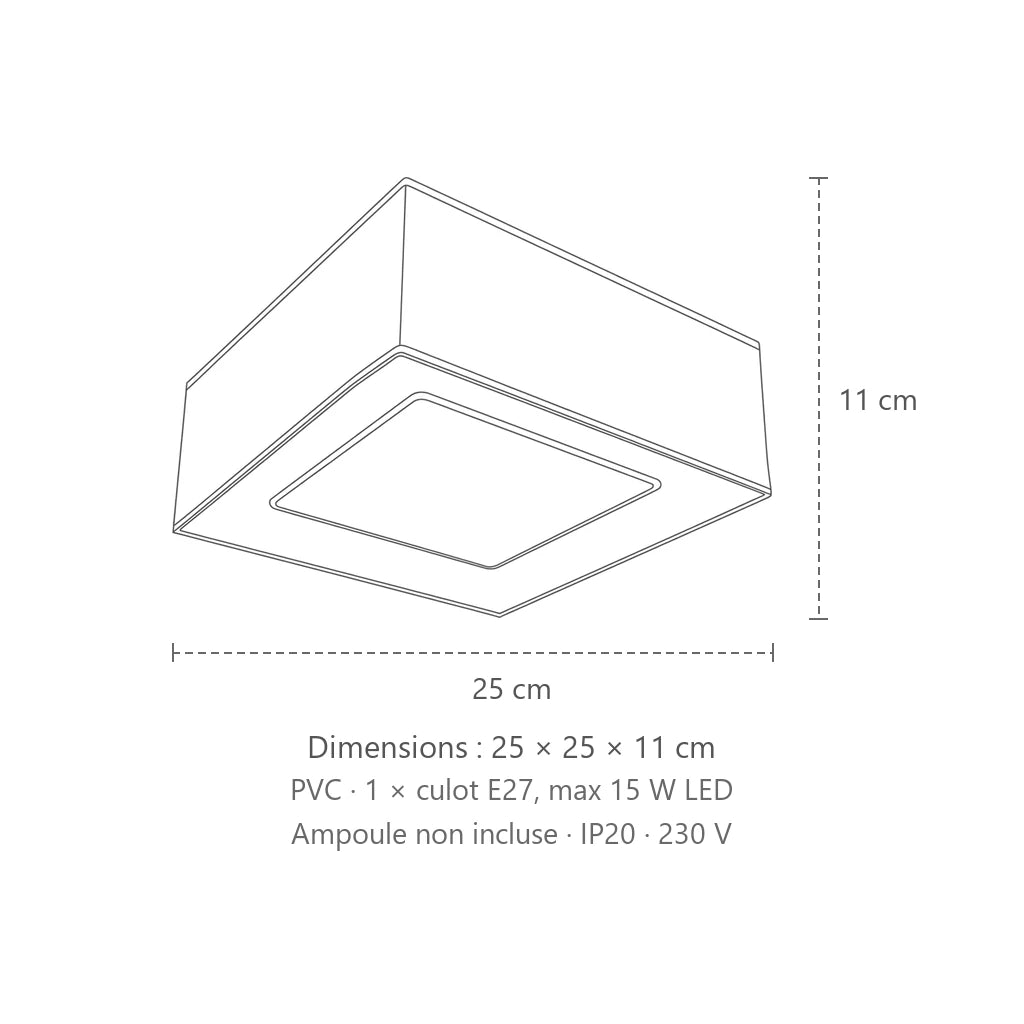 Dimensions : plafonnier carré blanc ou noir (25 × 25 cm), 25 × 25 × 11 cm