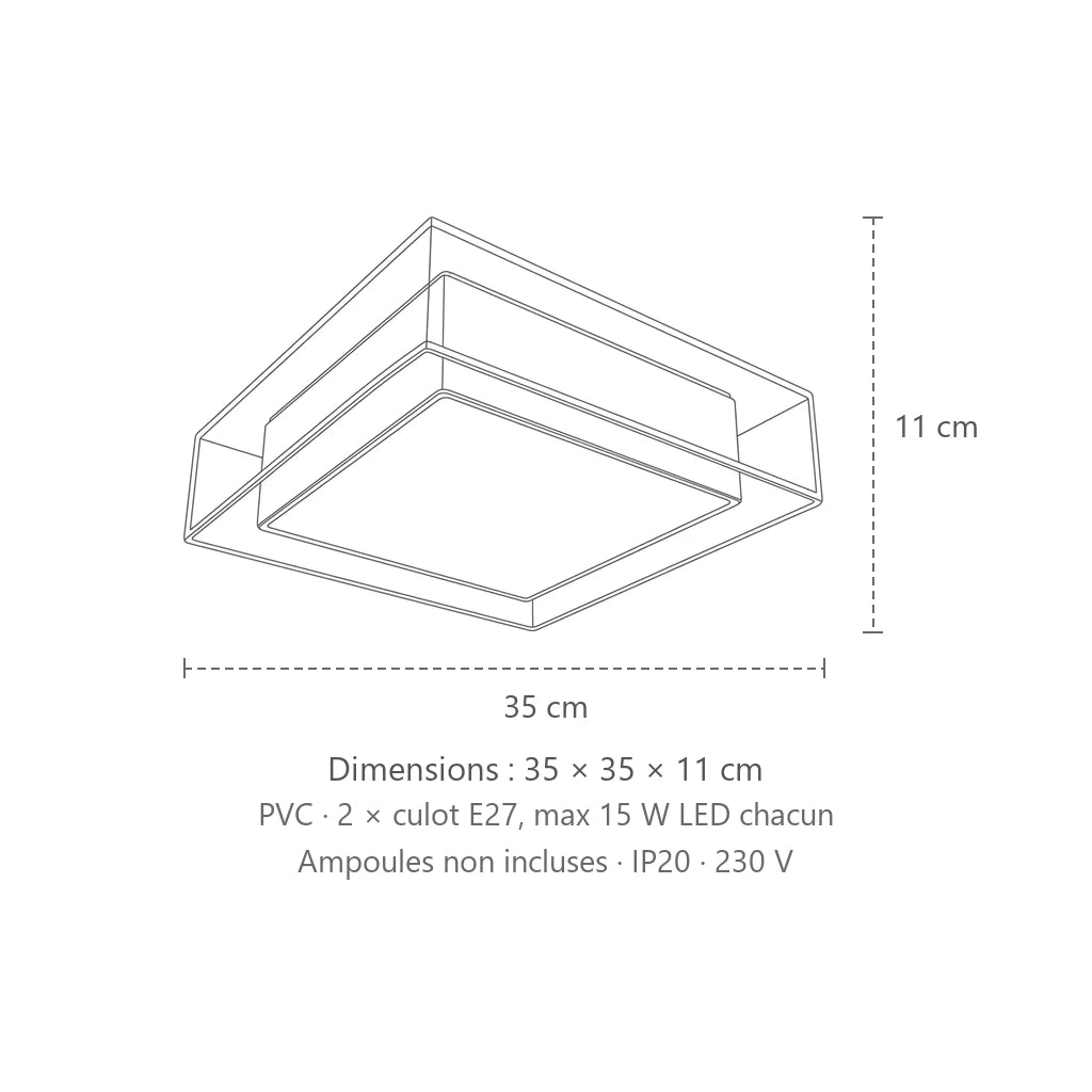 Dimensions : plafonnier carré blanc ou noir (35 × 35 cm), 35 × 35 × 11 cm