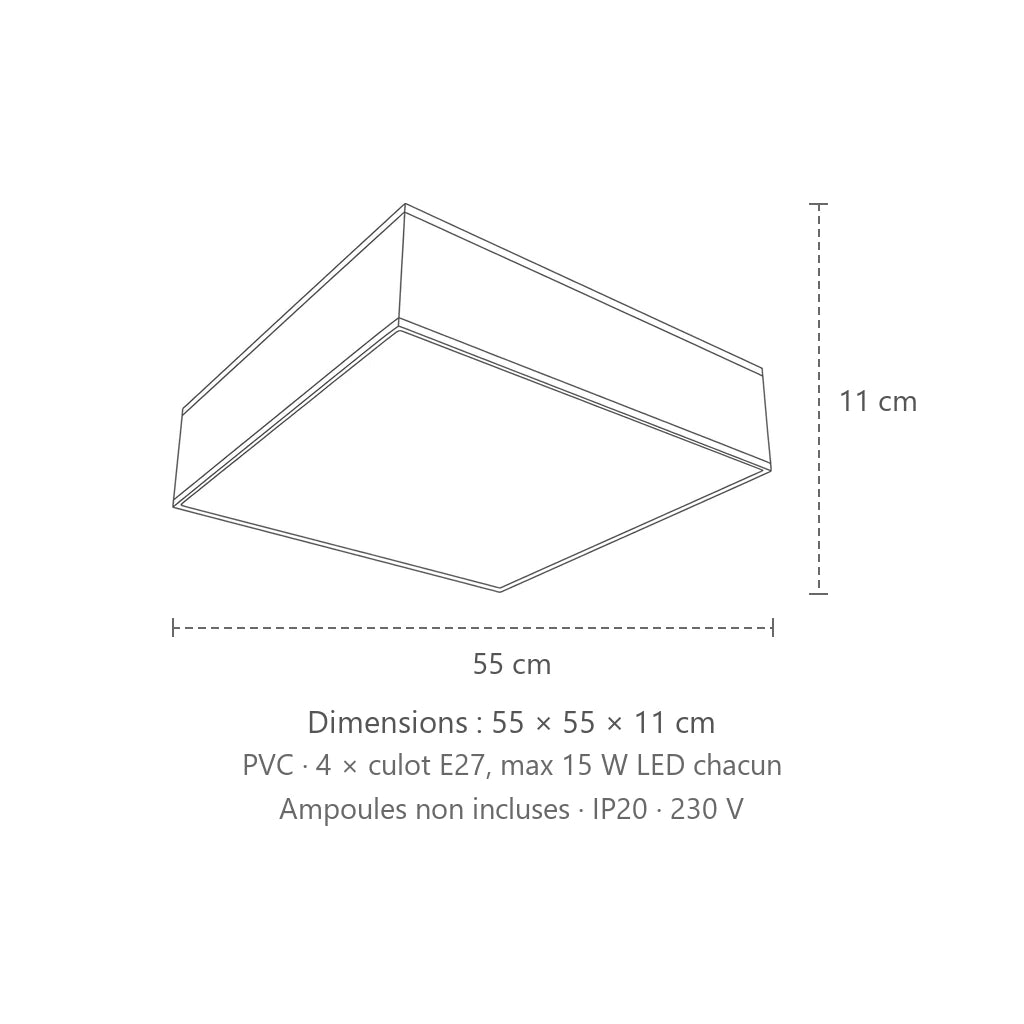 Dimensions : plafonnier carré blanc ou noir (55 × 55 cm), 55 × 55 × 11 cm