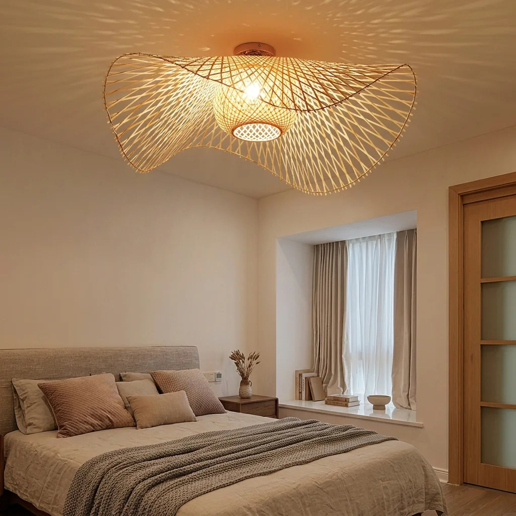 Plafonnier chapeau en bambou dans une chambre chaleureuse