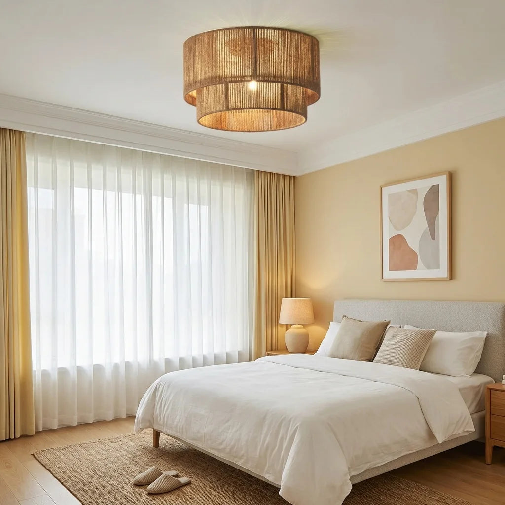 Plafonnier en corde de jute dans une chambre lumineuse