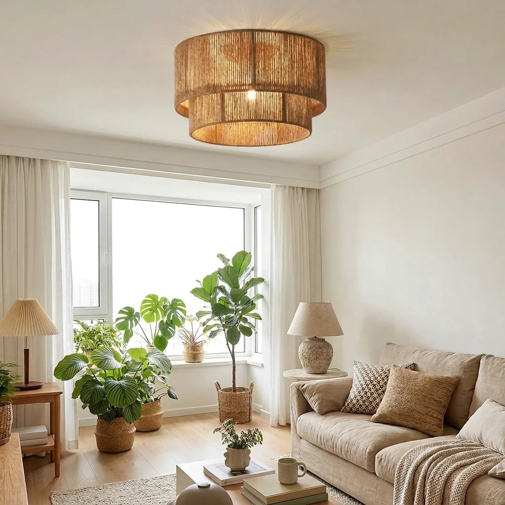 Plafonnier en jute dans un salon rempli de plantes