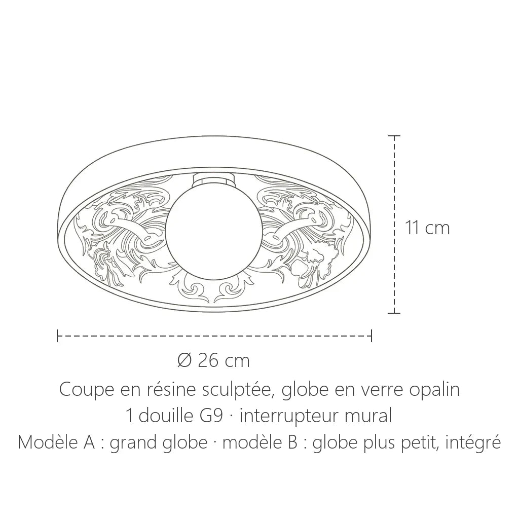 Dimensions du plafonnier coupe sculptée : Ø 26 cm, hauteur 11 cm