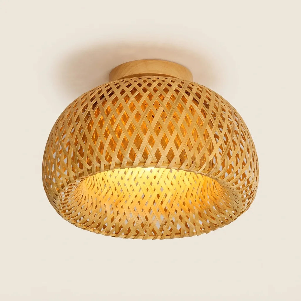 Plafonnier coupole en bambou tissé et rosace en bois, Ø 30 cm